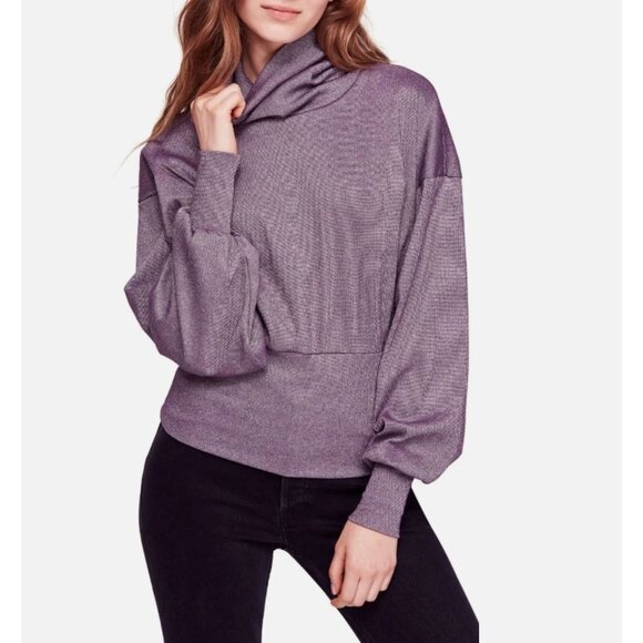 Free People Metallic Shimmer Glam Dolman TurtleNeck Sweater Top Purple Size L - Picture 1 of 8